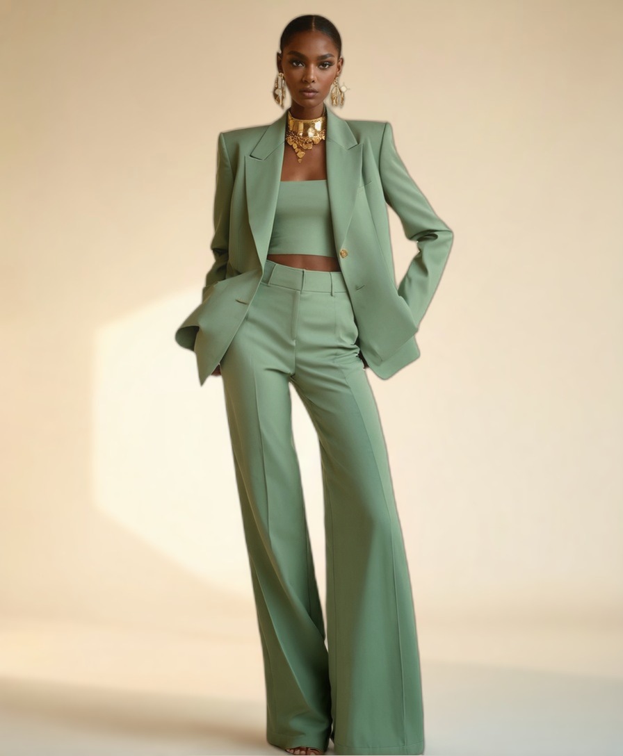 A high-fashion editorial photograph of a model in a sage-green suit with gold jewellery, styled by Muse.