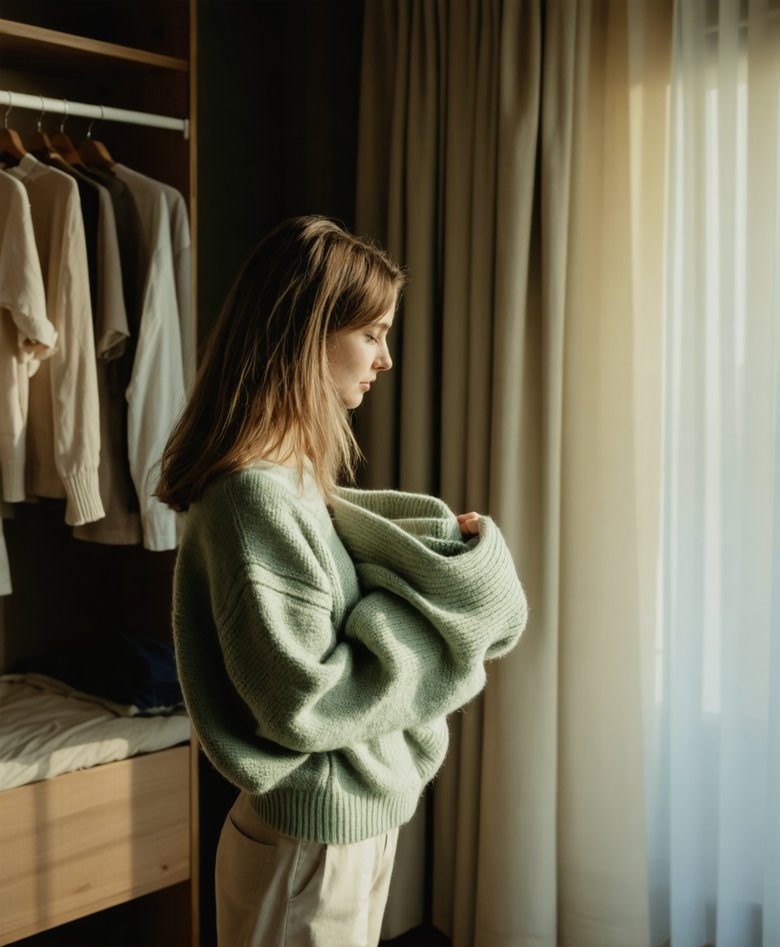 A woman in a sage-green knit at her open wardrobe, deciding what to wear in the morning light.