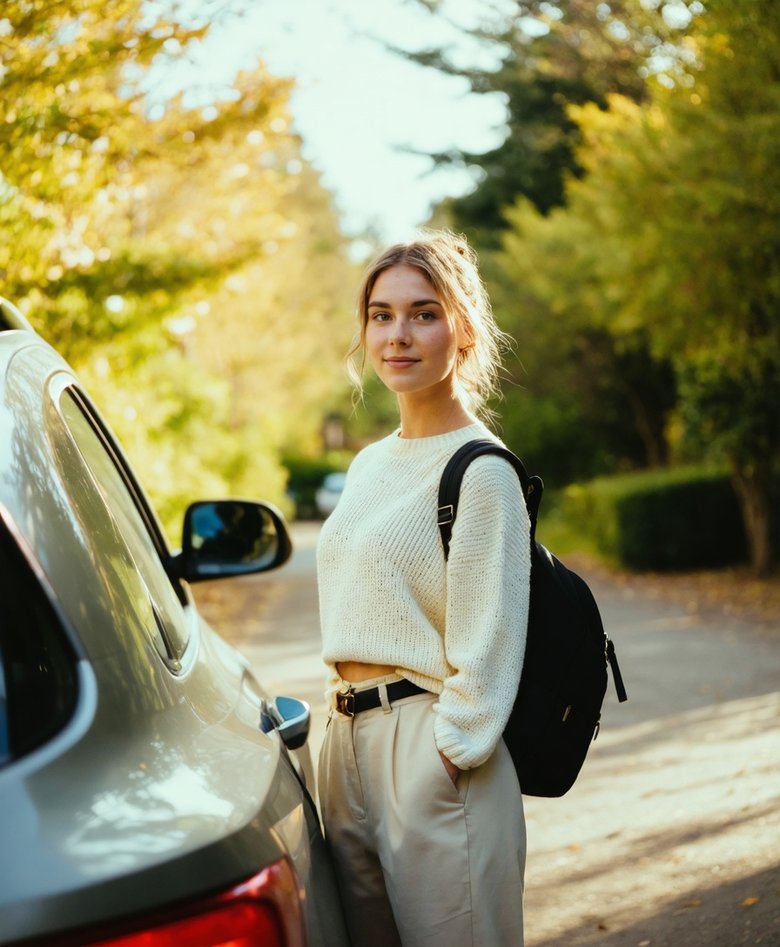 A mother by her car on a leafy street on a bright morning, bag over her shoulder, ready for the school run.
