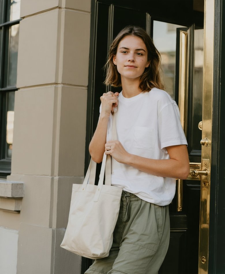 A young woman with a canvas tote stepping out of her front door, off to university.